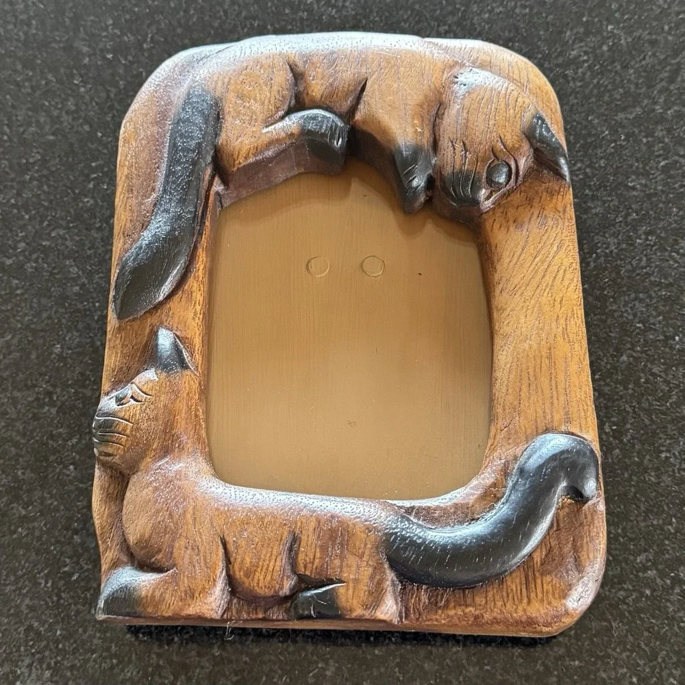 Wood Hand carved 3-D Cat Photo‎ Frame Two Cat